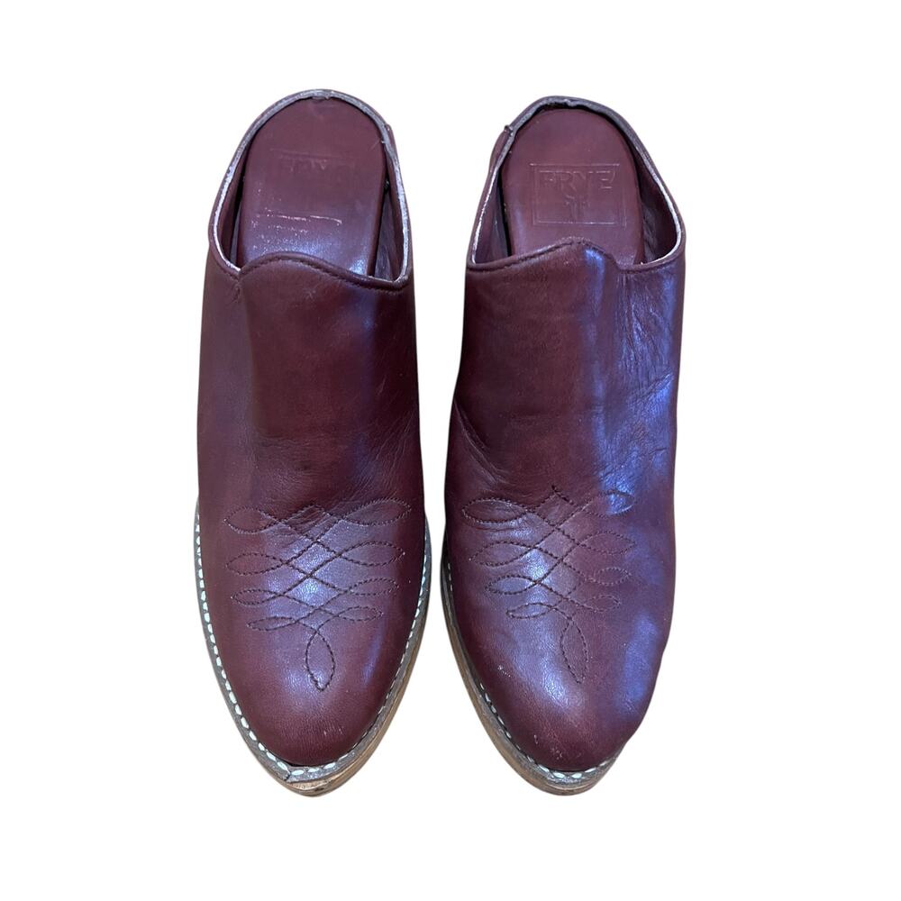 Vintage Frye Leather Mule Size 7B | Oxblood Burgundy Wood Block Heel Made in USA